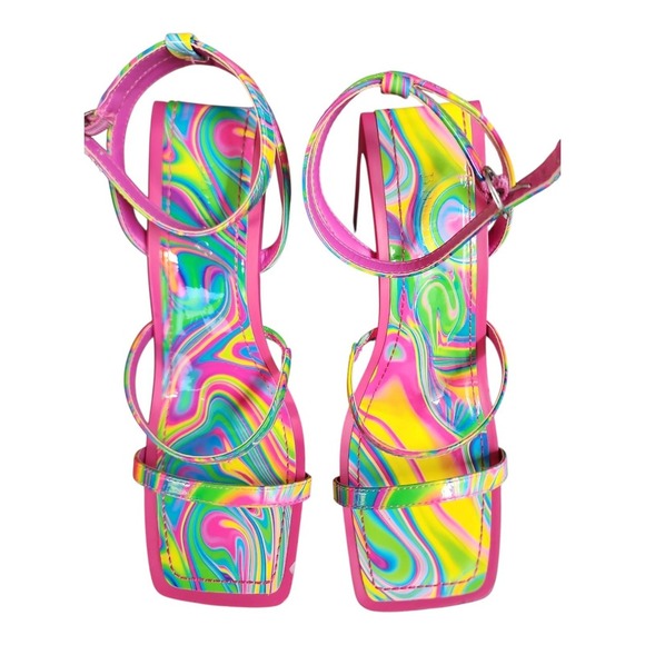 Bamboo Heels Swirl Print Open Toe Block Ankle Strap Sz 7.5 Party Shoes Used - Picture 1 of 13